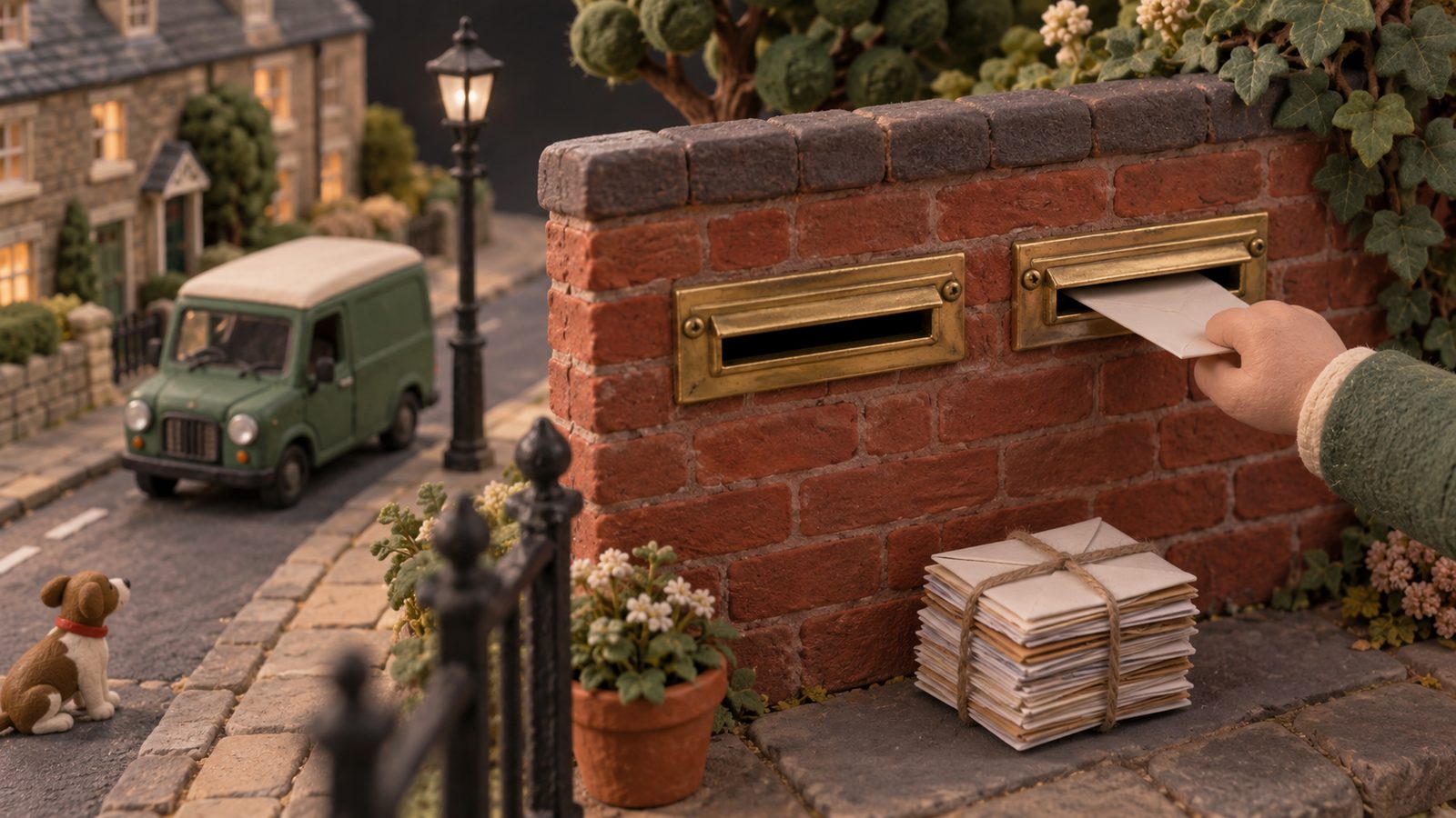Clay brick wall with two brass letterbox slots, a thin envelope posted into one and a thick tied bundle of papers beside the other