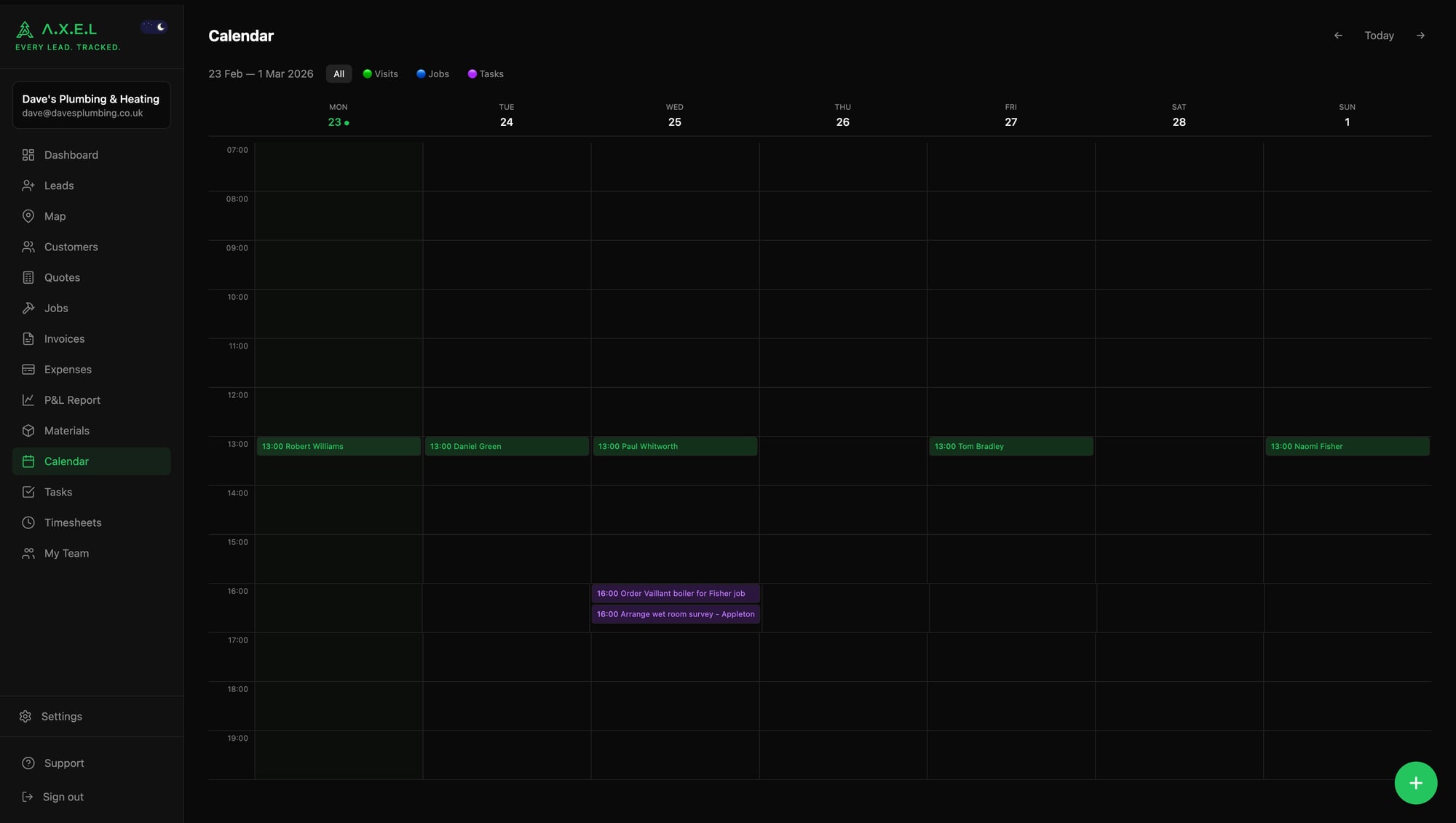 Calendar week view showing visits, jobs, and tasks