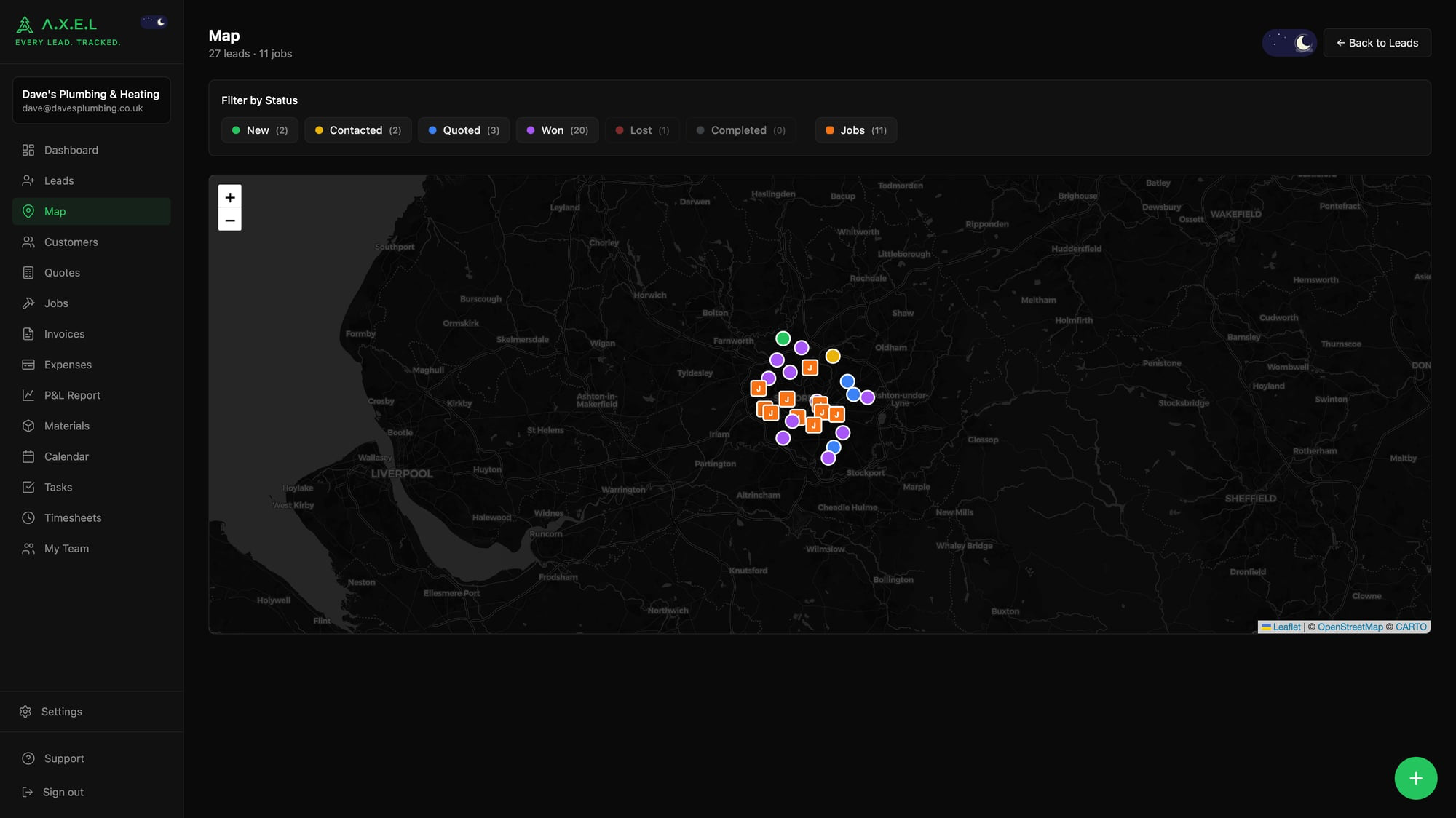 Lead map view with colour-coded pins showing leads across Manchester