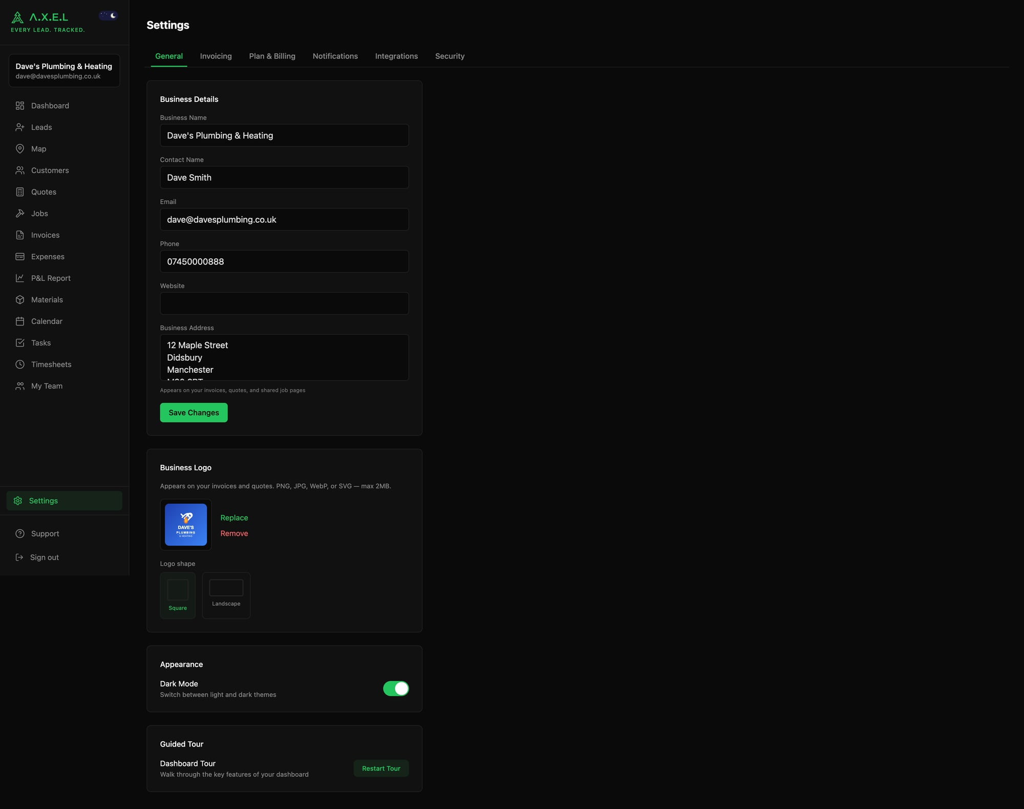Settings - General tab with business details