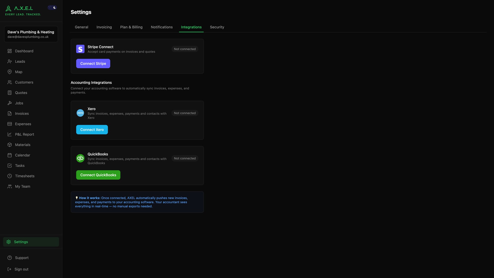 Settings - Integrations page with Stripe, Xero, and QuickBooks