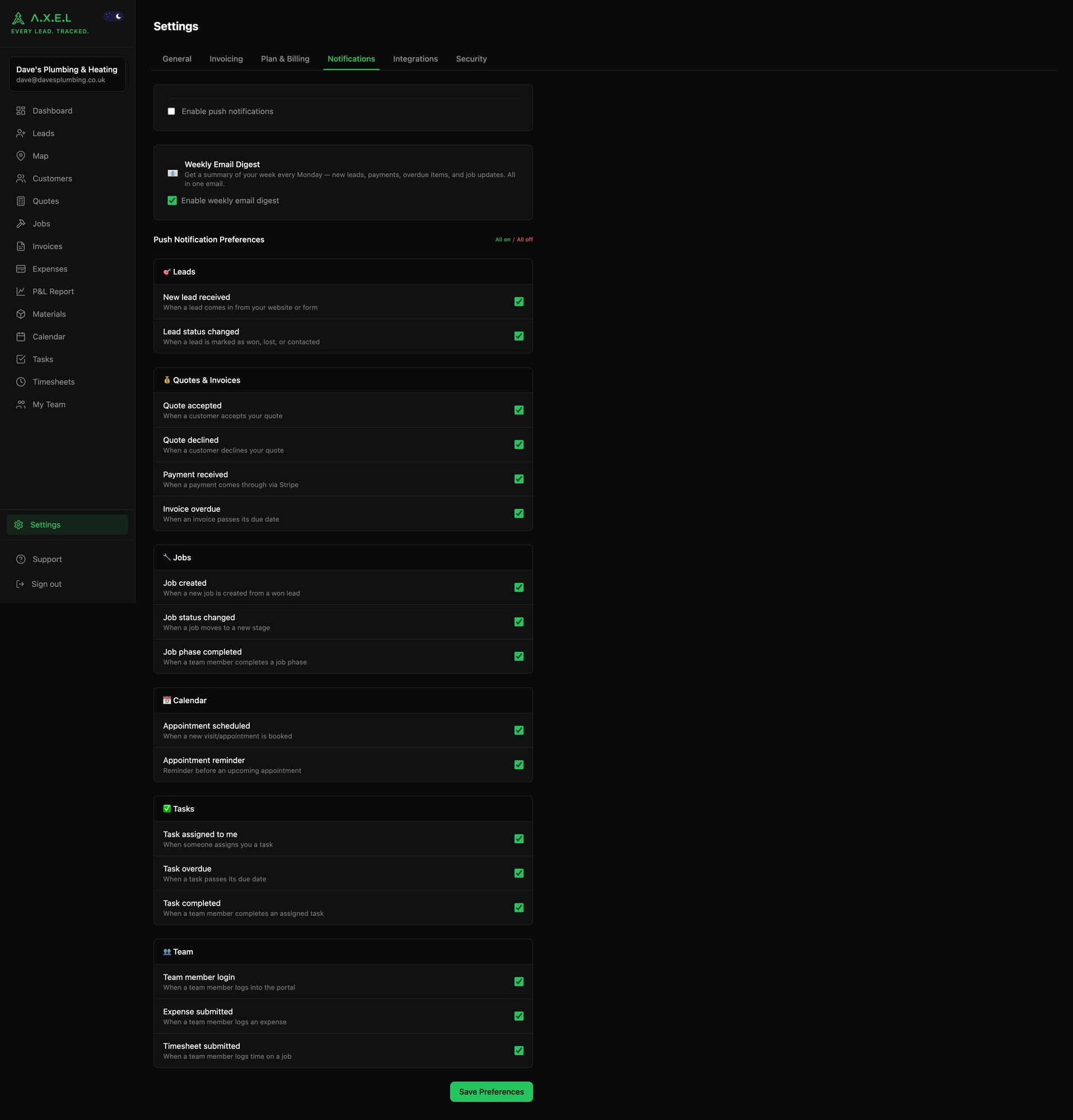 Settings - Notifications preferences