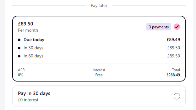 Klarna pay in 3 instalments — 0% APR, interest free